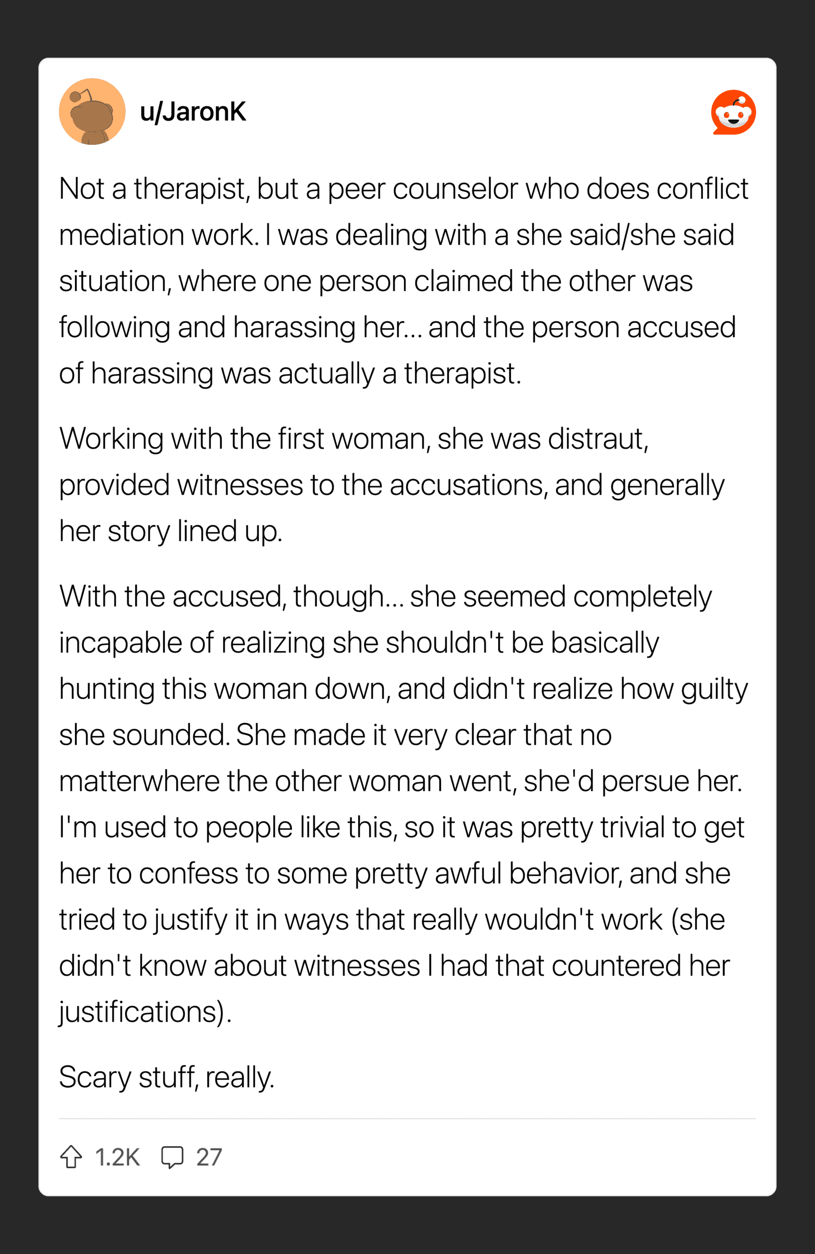 Peer counselor discusses conflict mediation and accusations of harassment.