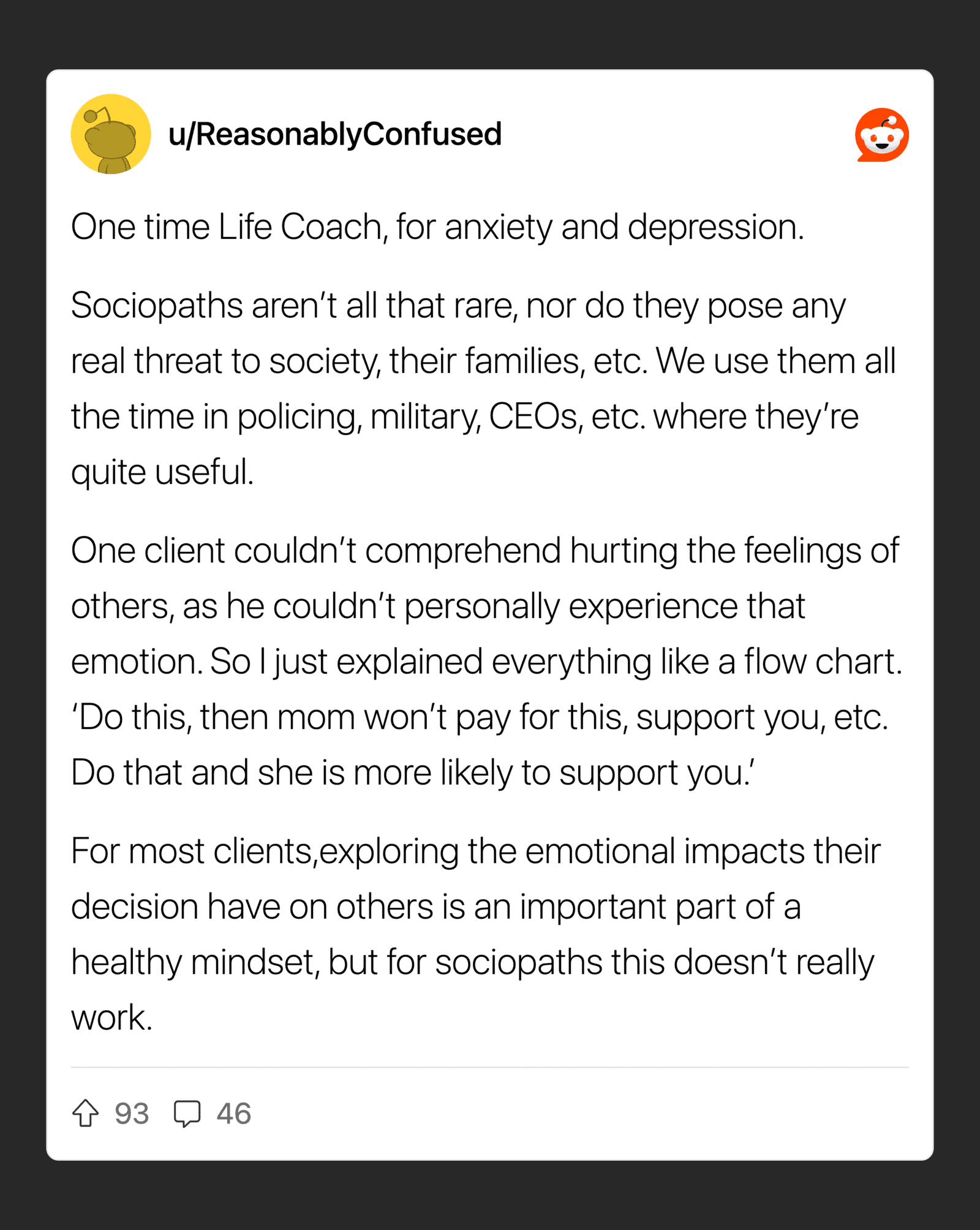 U/ReasonablyConfused discusses sociopaths and therapy experiences.