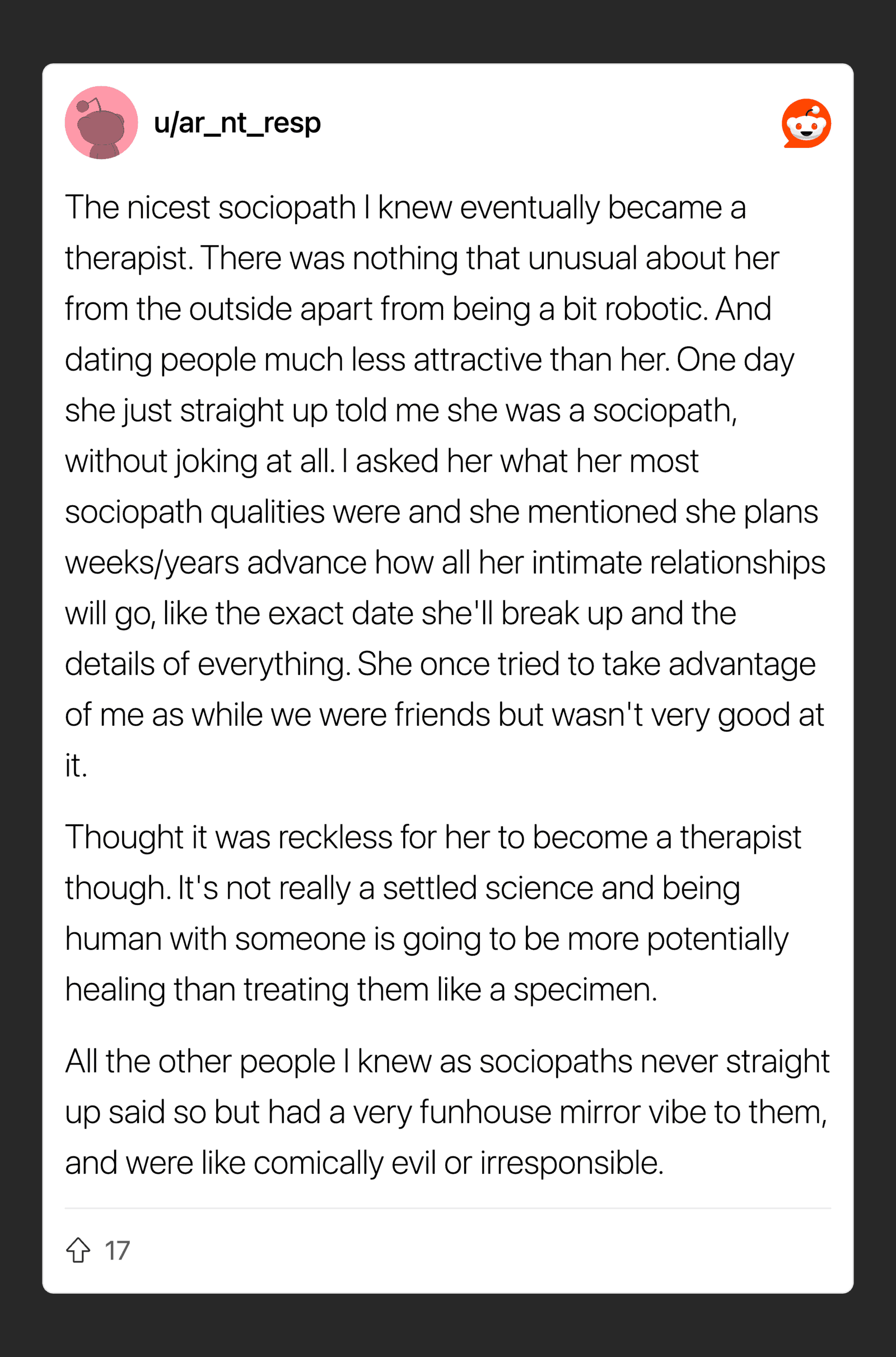 A social media post about a therapist who was once a sociopath.