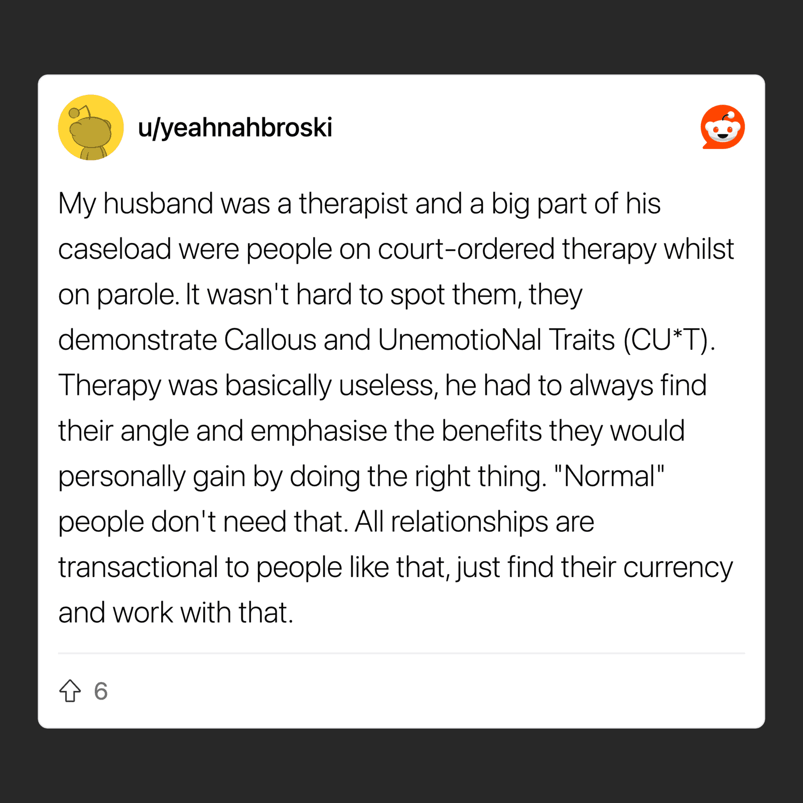Reddit post about a therapist husband and sociopathic traits.