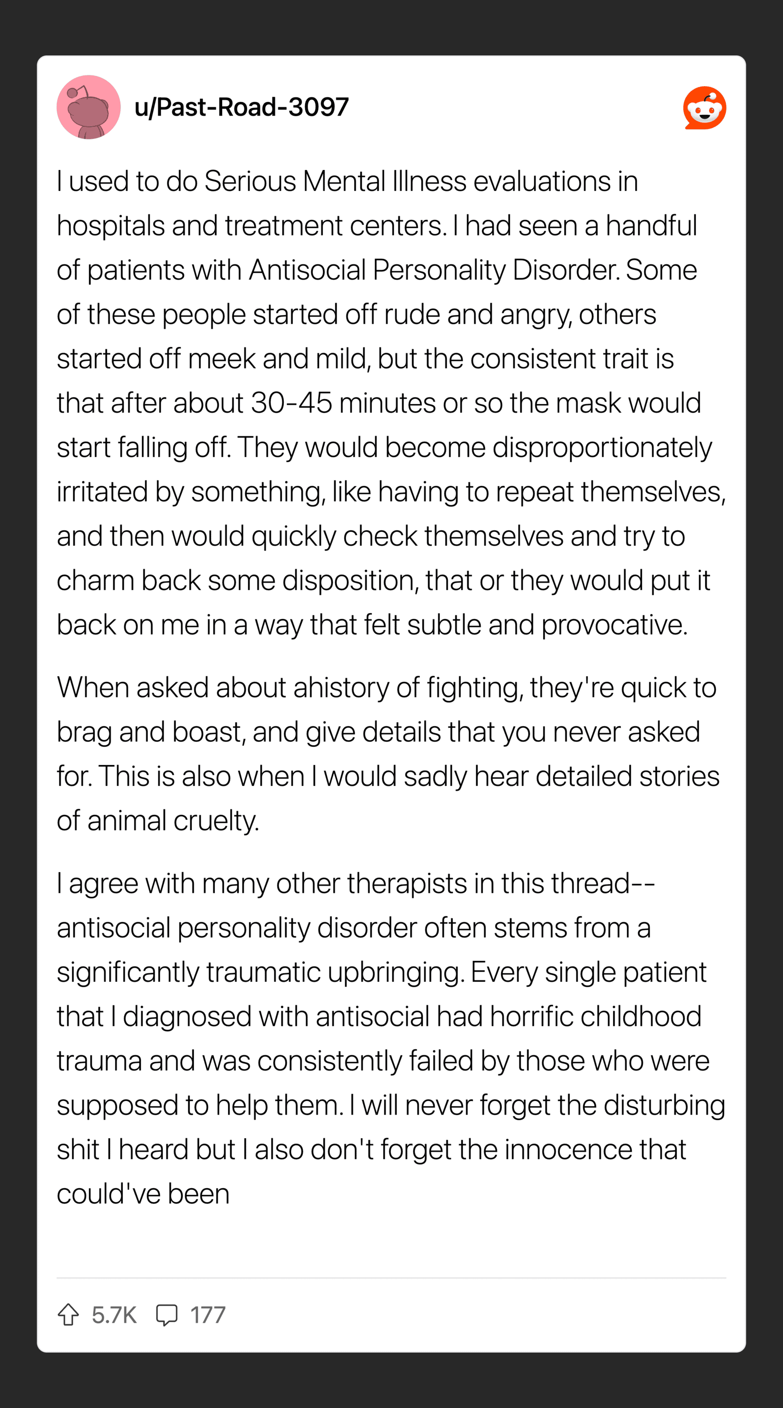 A social media post about mental illness evaluations and antisocial personality disorder.