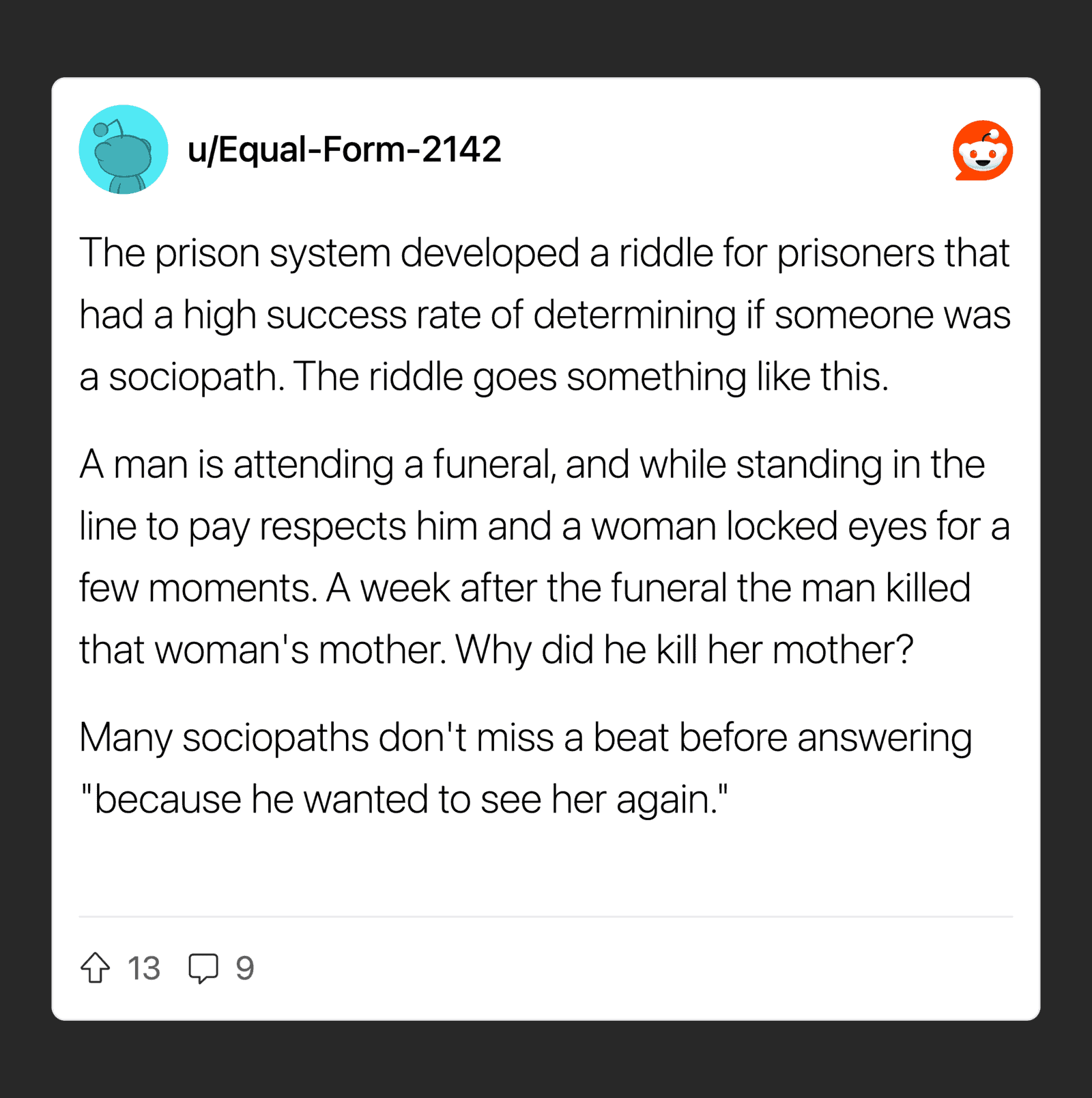 A Reddit post about a prison riddle involving a man and a woman at a funeral.