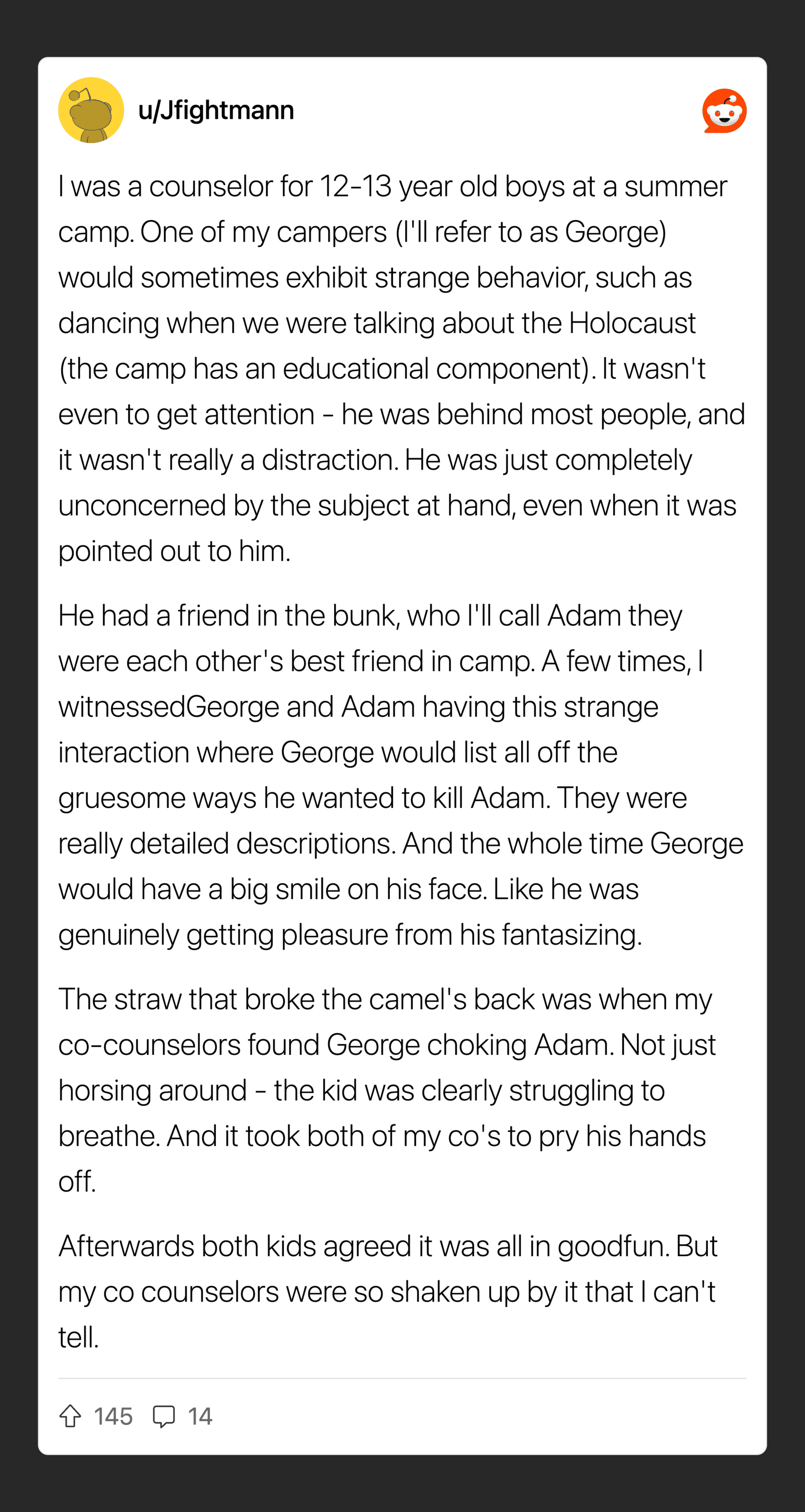 A screenshot of a social media post about a counselor and a camper's interaction.