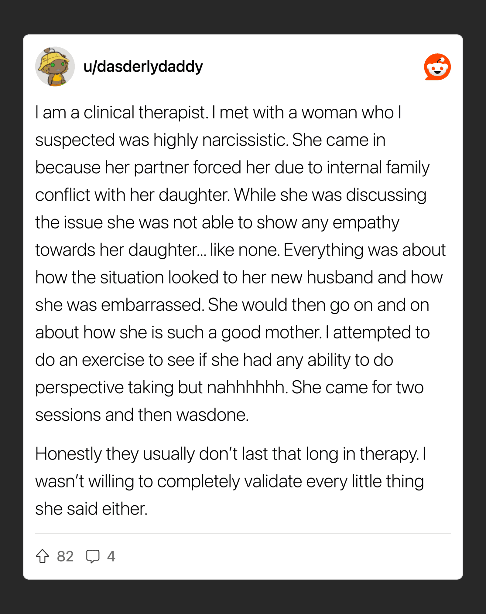Therapist's social media post about a narcissistic woman and her family conflict.