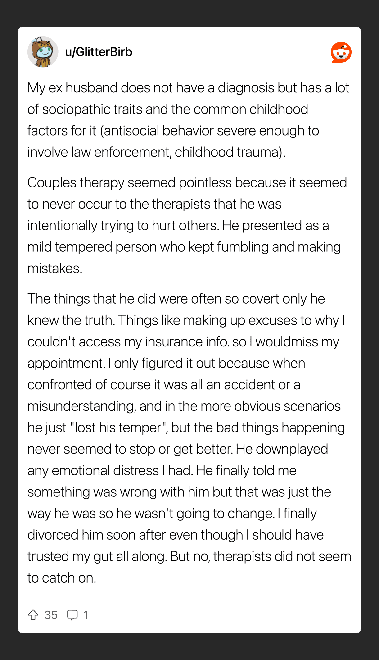 Couples therapy story about a man with possible sociopathic traits.