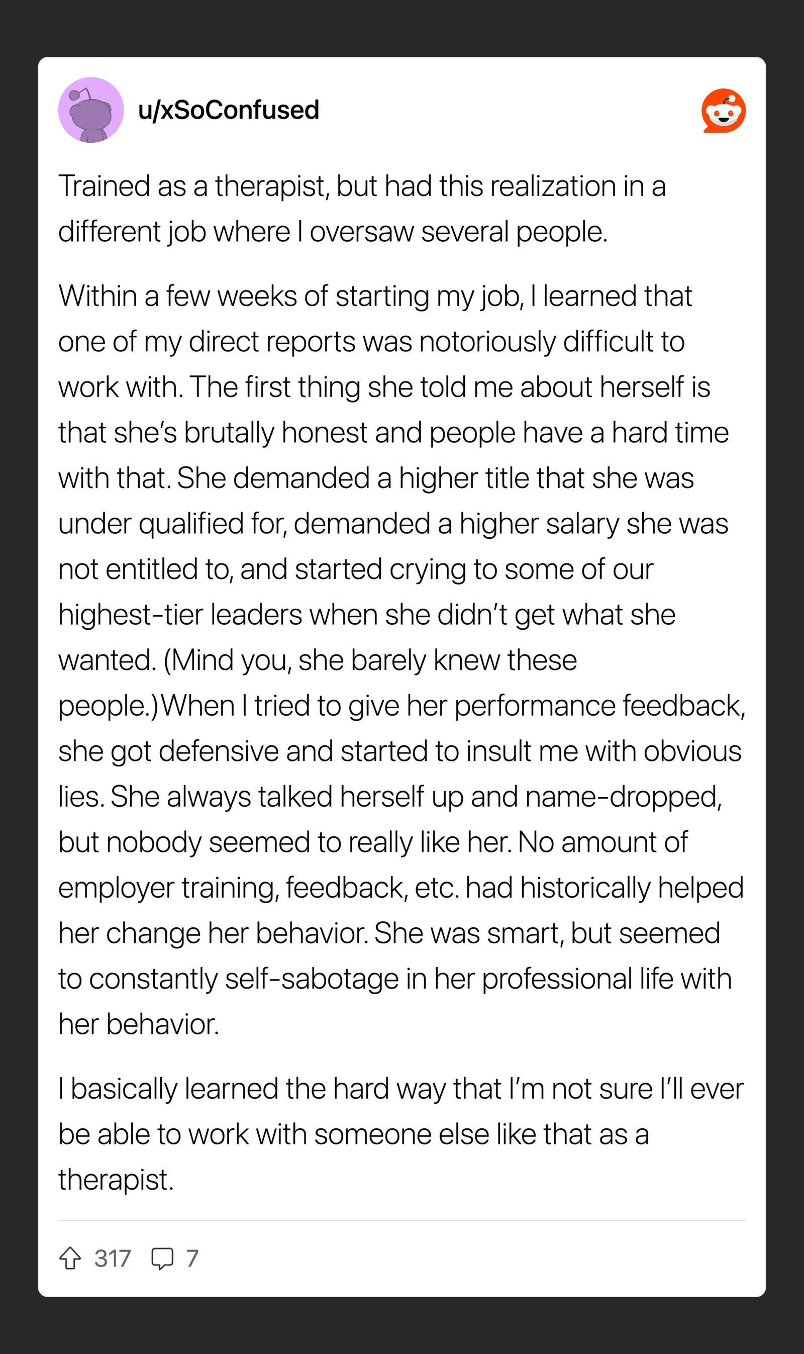 Therapist shares realization about a sociopath patient, discussing honesty and manipulation.