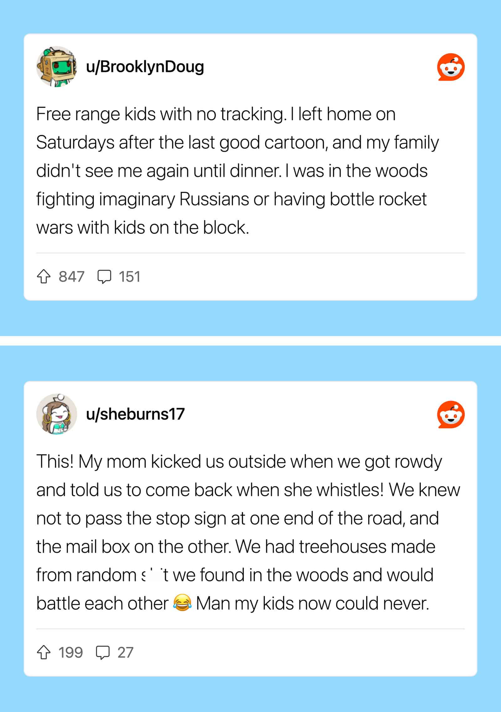 Screenshots of Reddit posts about childhood memories and neighborhood adventures.