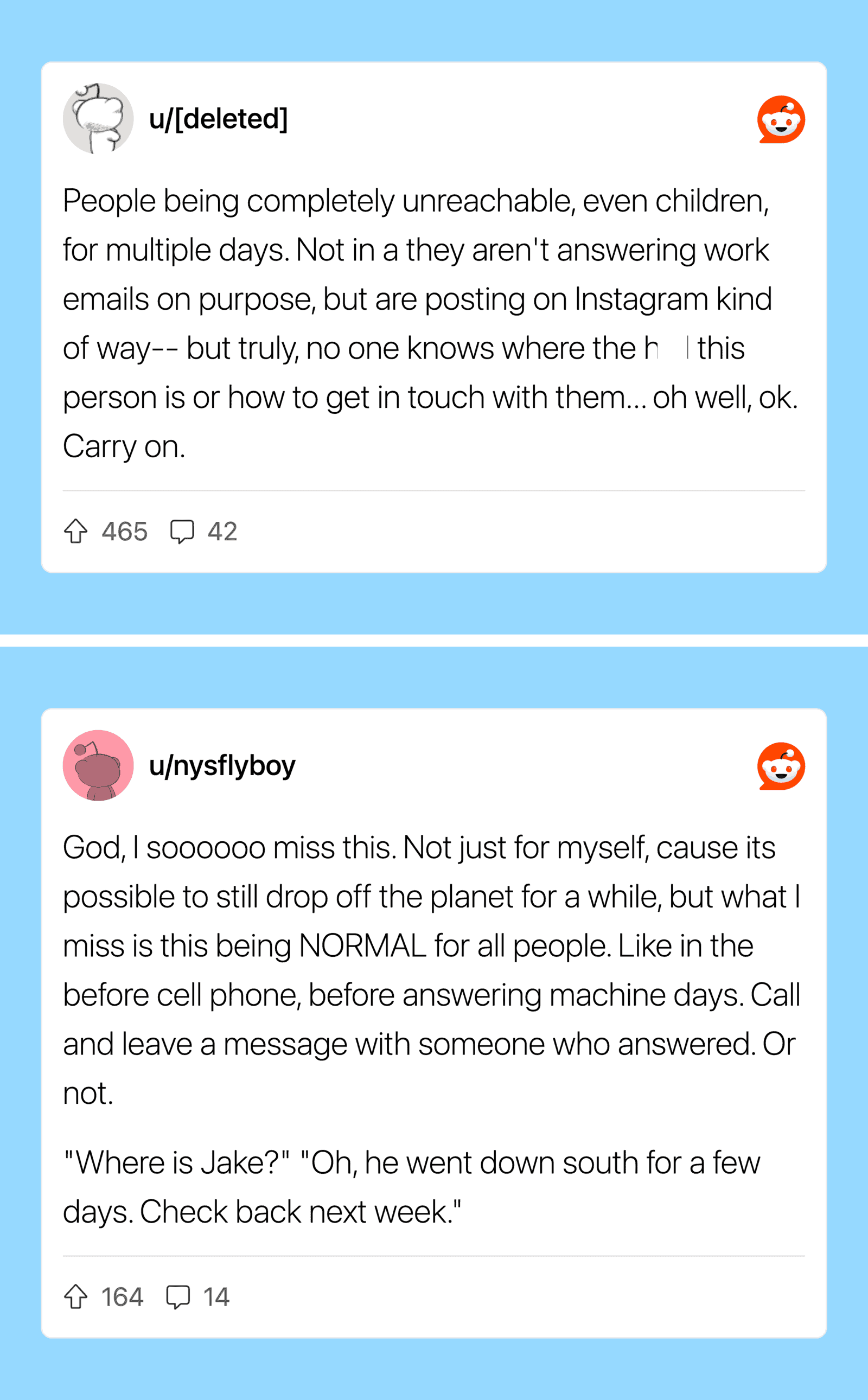 Screenshots of Reddit posts about unresponsive people and missing pets.