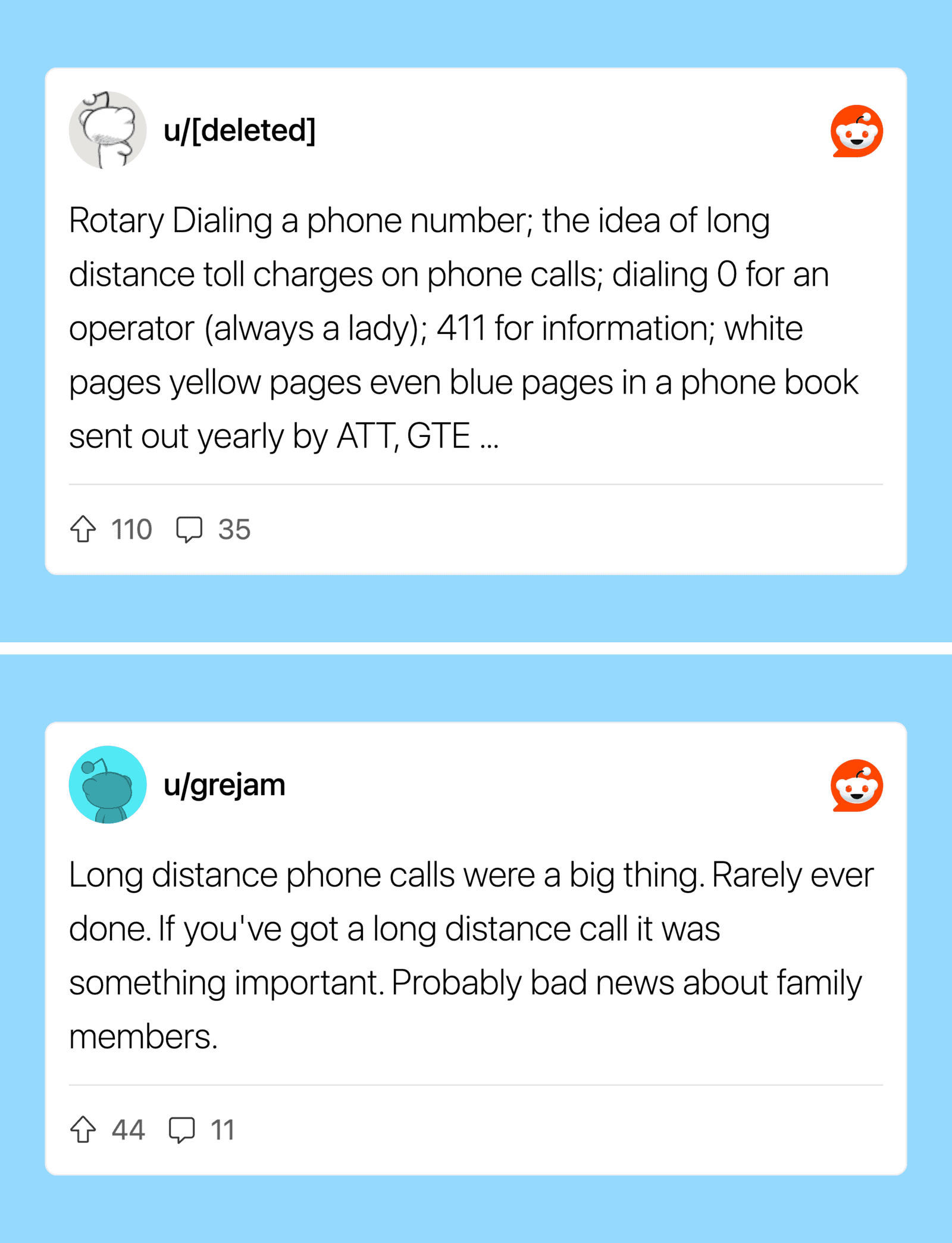 Two Reddit posts about long distance phone calls, one about rotary dialing and one about long calls.