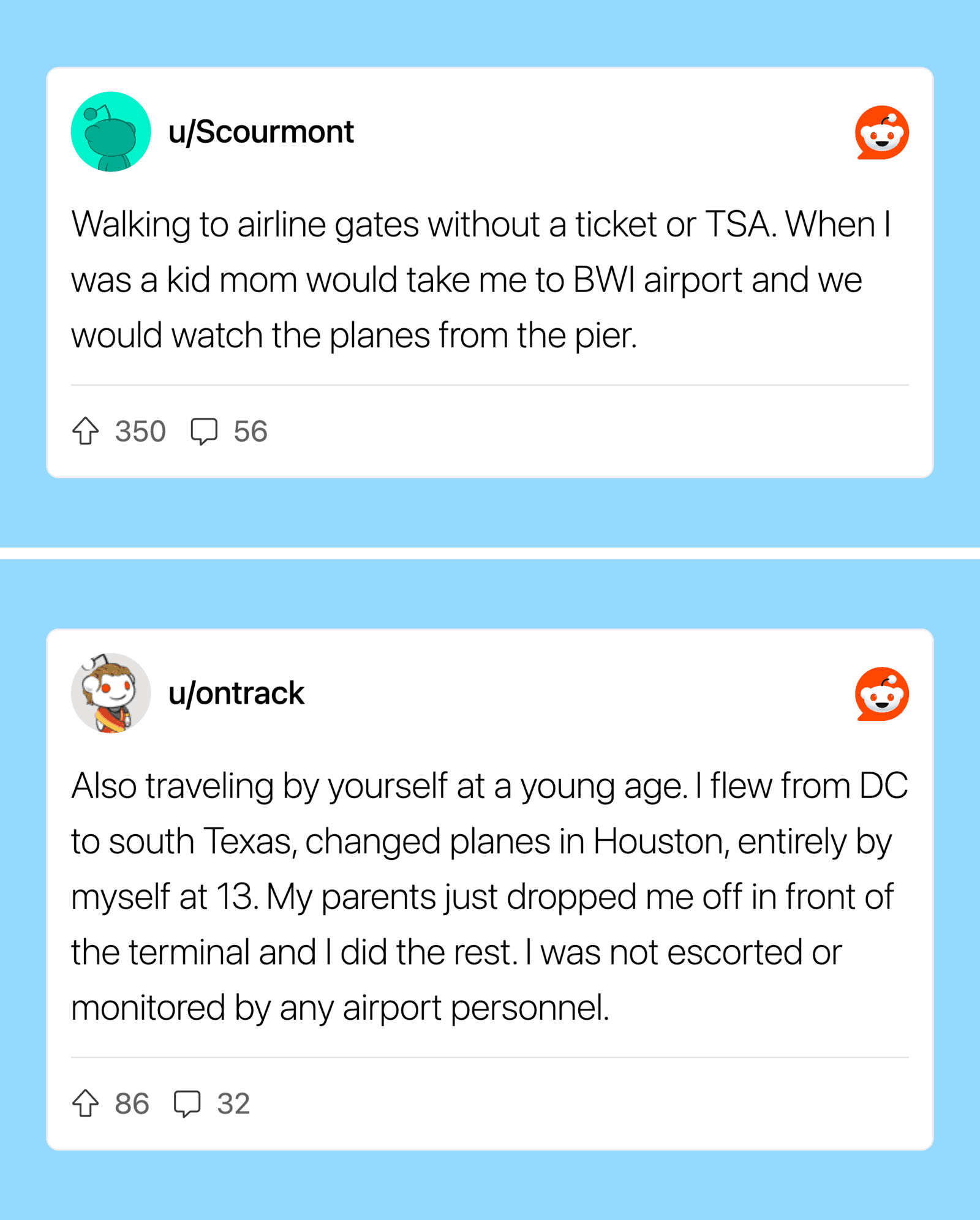 Screenshots of Reddit posts about traveling alone as a kid and walking to airport gates without a T.