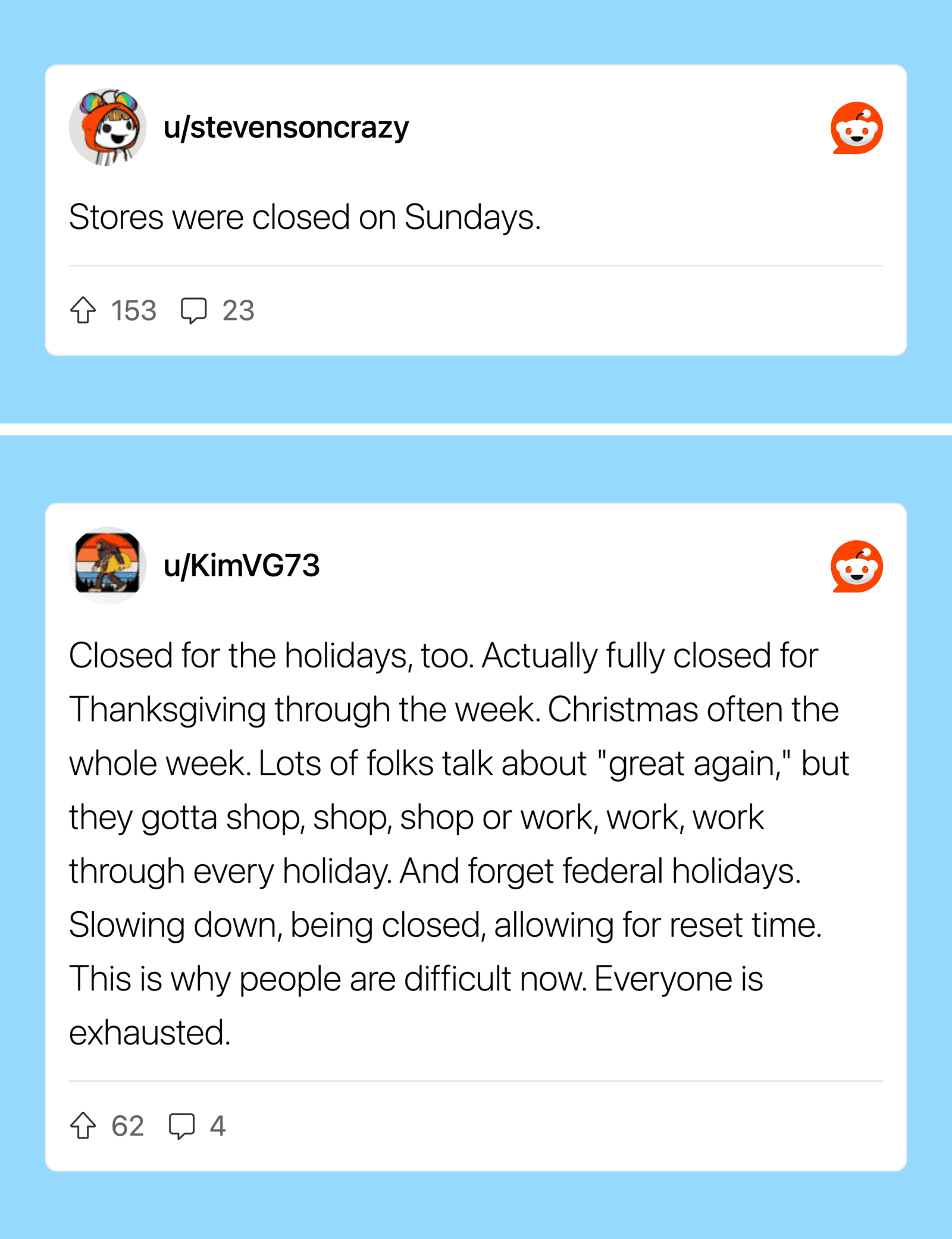 Stores were closed on Sundays.