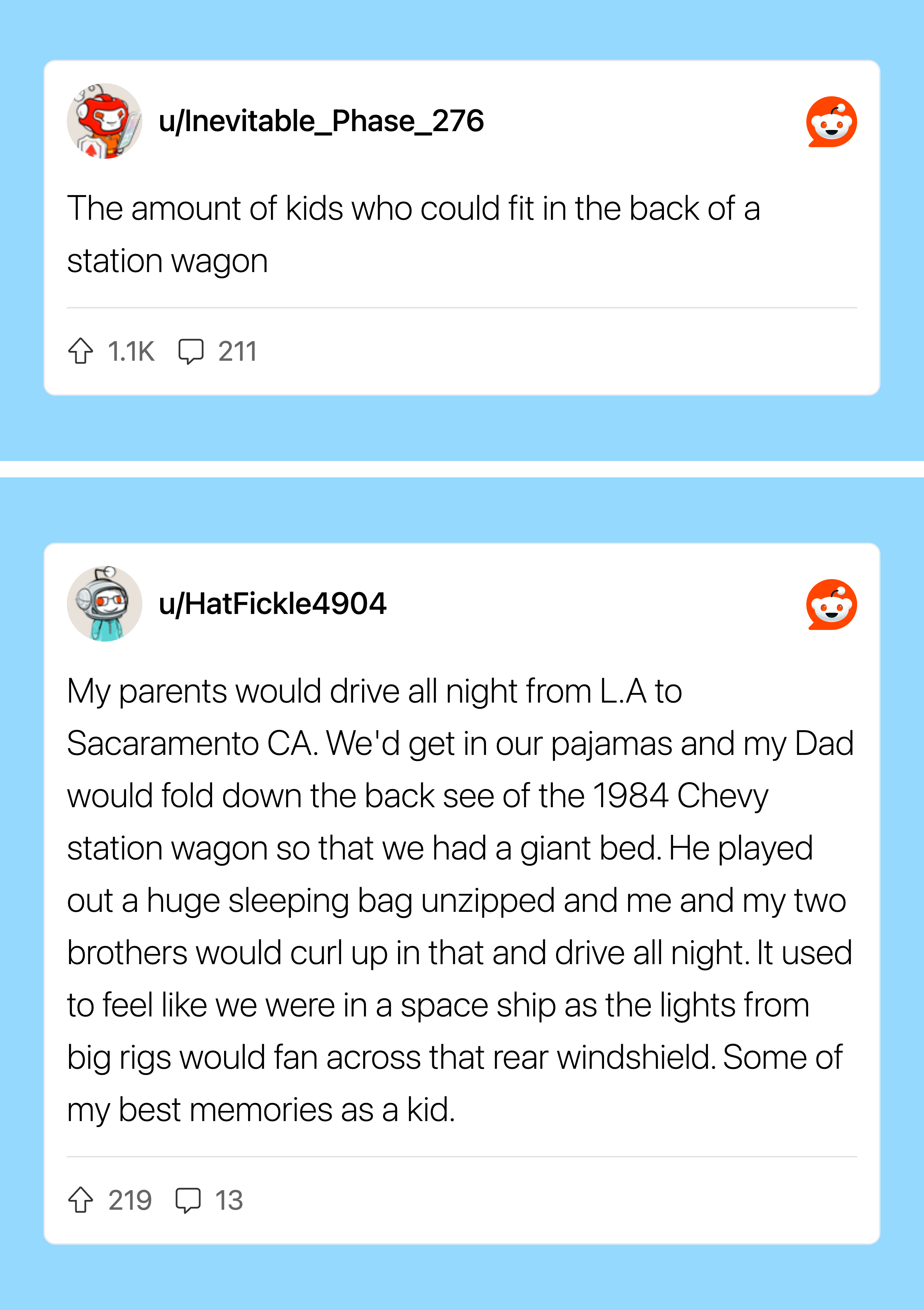 Kids fitting in a station wagon, nostalgic family memories, space ship lights, and bedtime stories.