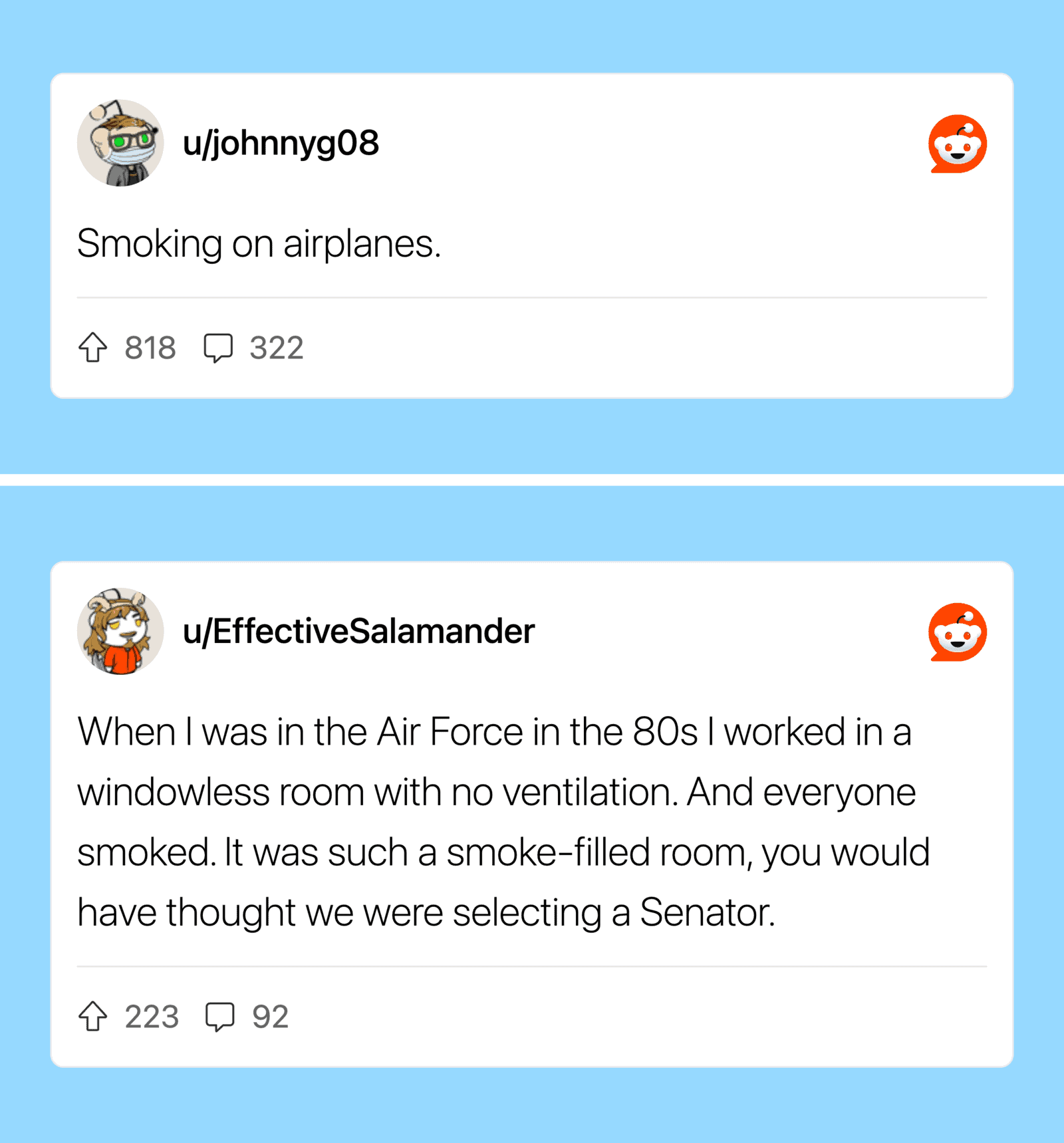 Two Reddit posts about smoking on airplanes and in the Air Force in the 80s.