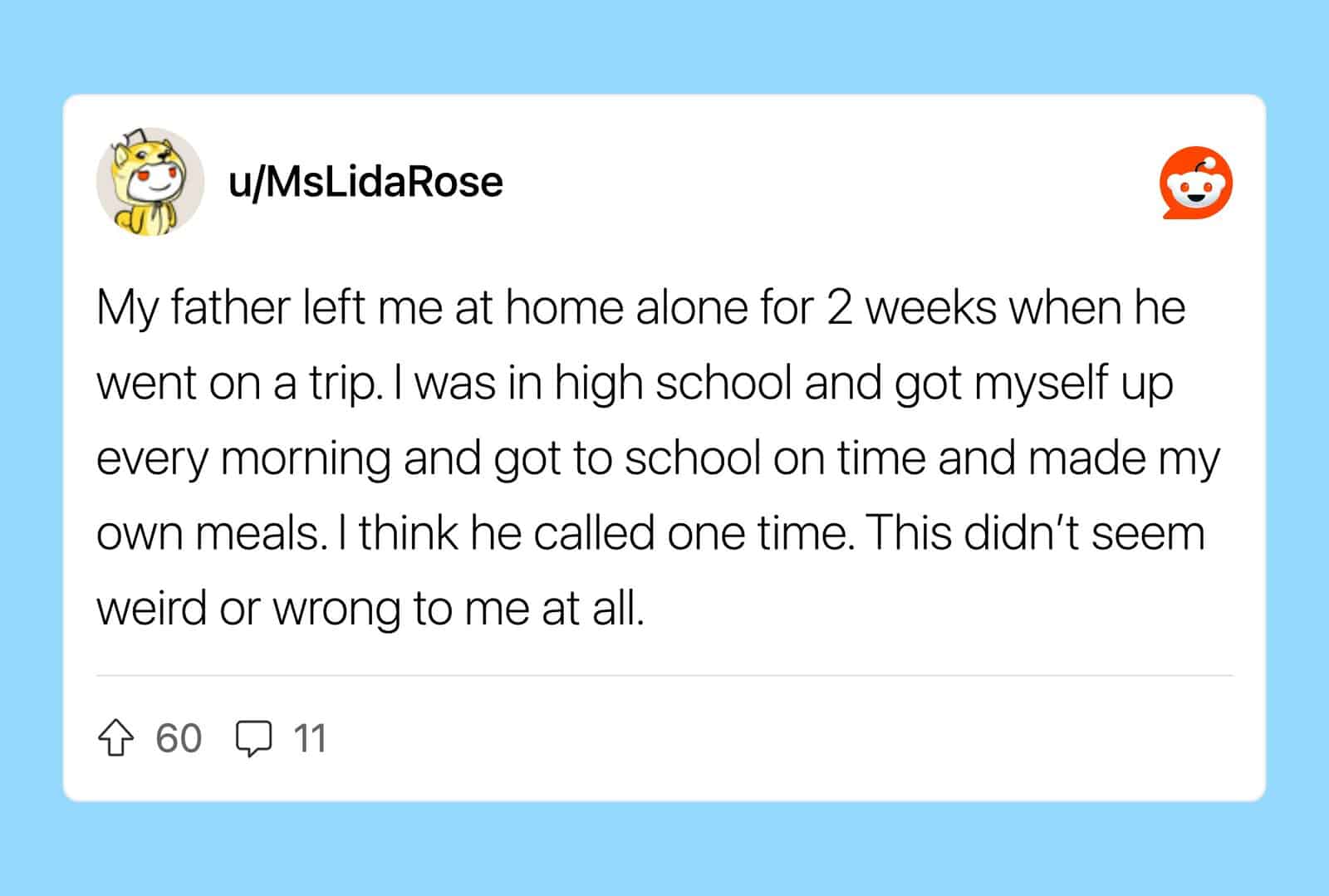 A Reddit post about a father leaving a girl alone for 2 weeks.