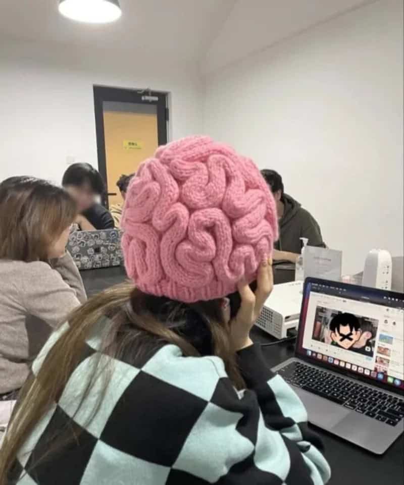 Person wearing a pink brain-shaped hat using a laptop in a group setting.