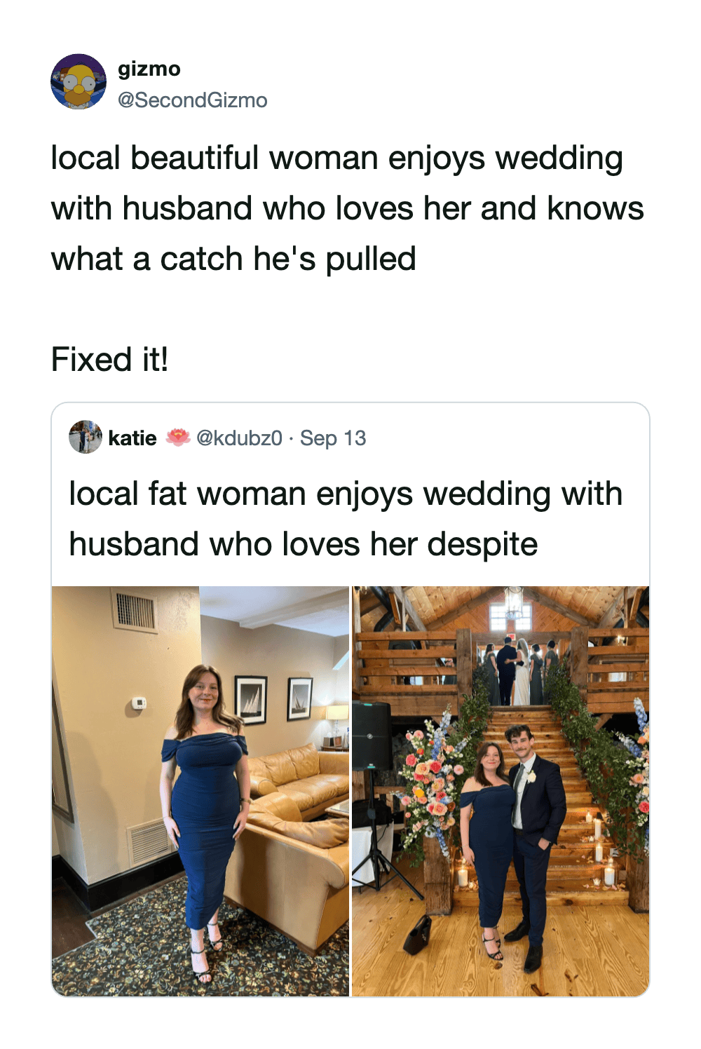 Woman in a blue dress at a wedding with her husband in a rustic venue.