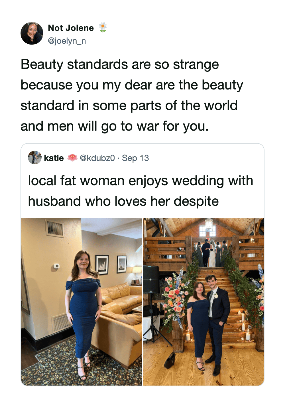 Woman in blue dress at wedding with husband, smiling, in a rustic venue.