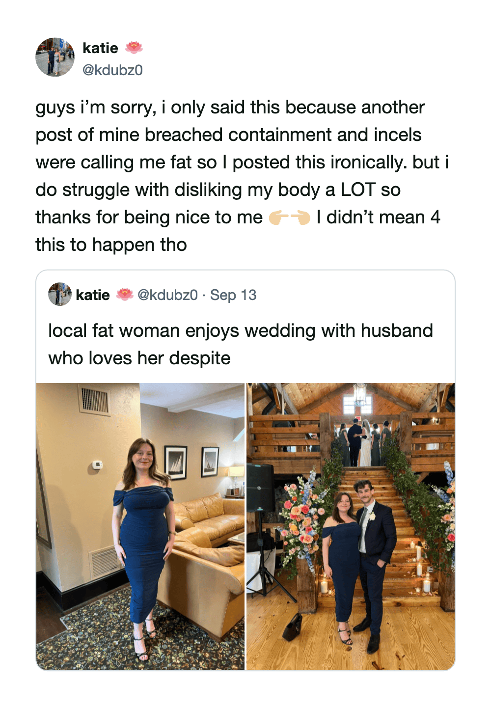 Local woman at wedding with husband, smiling, in a church setting.