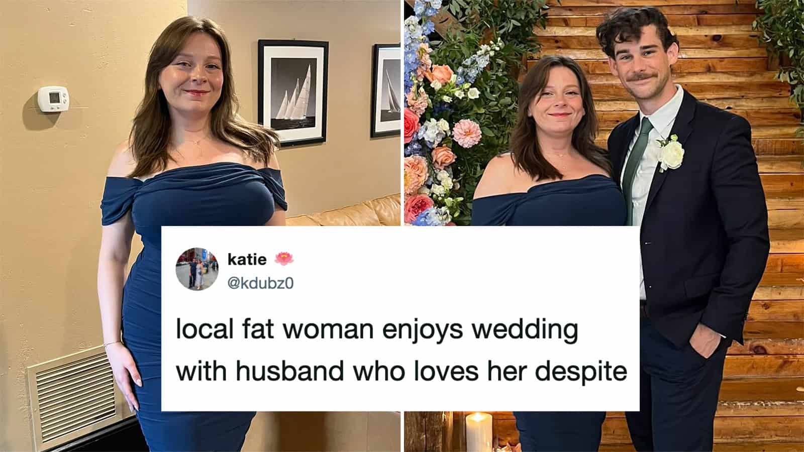 Woman in blue dress at wedding with husband, smiling, floral background.