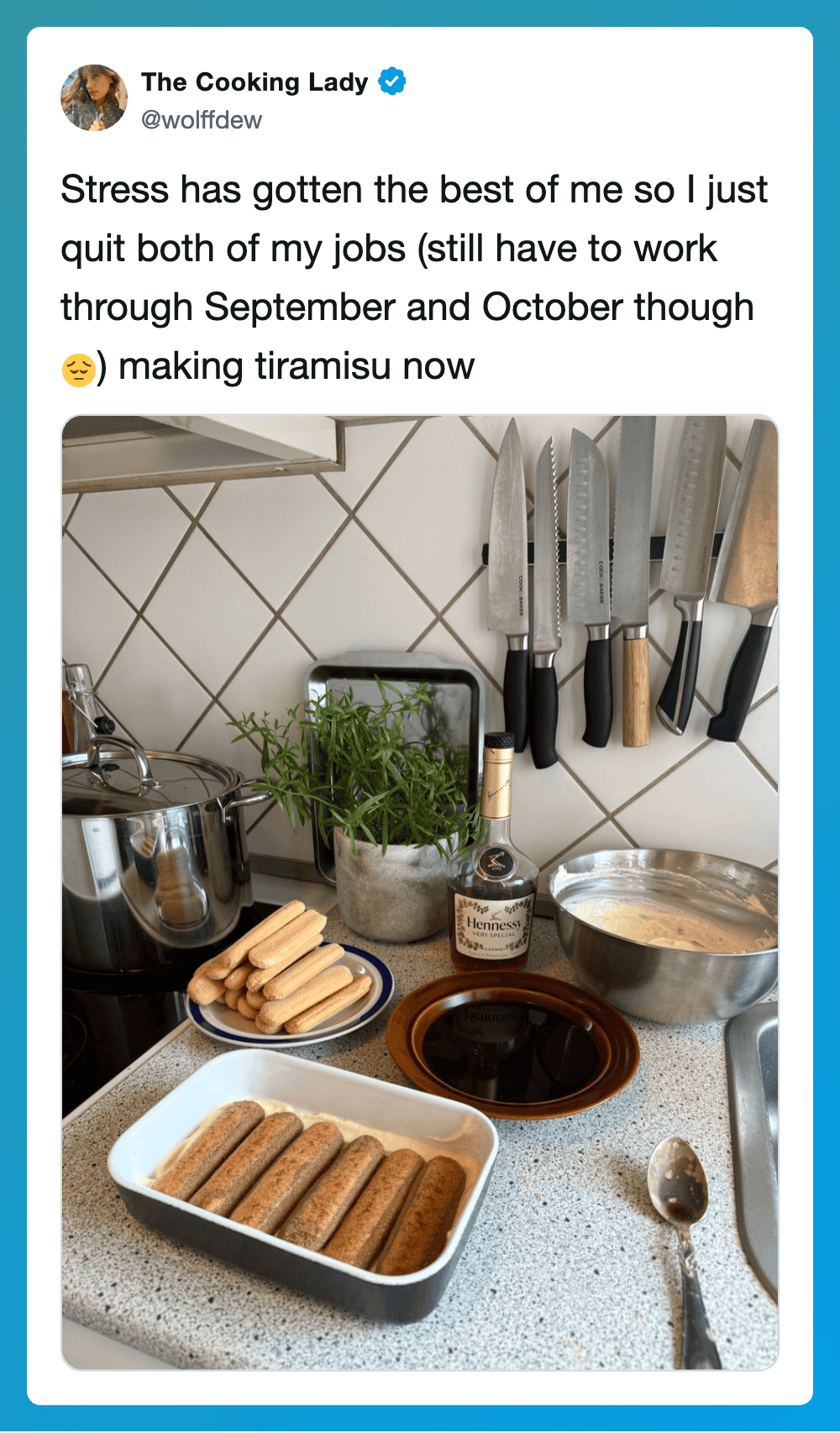 Cooking scene with sausages, herbs, and kitchen utensils on a countertop.