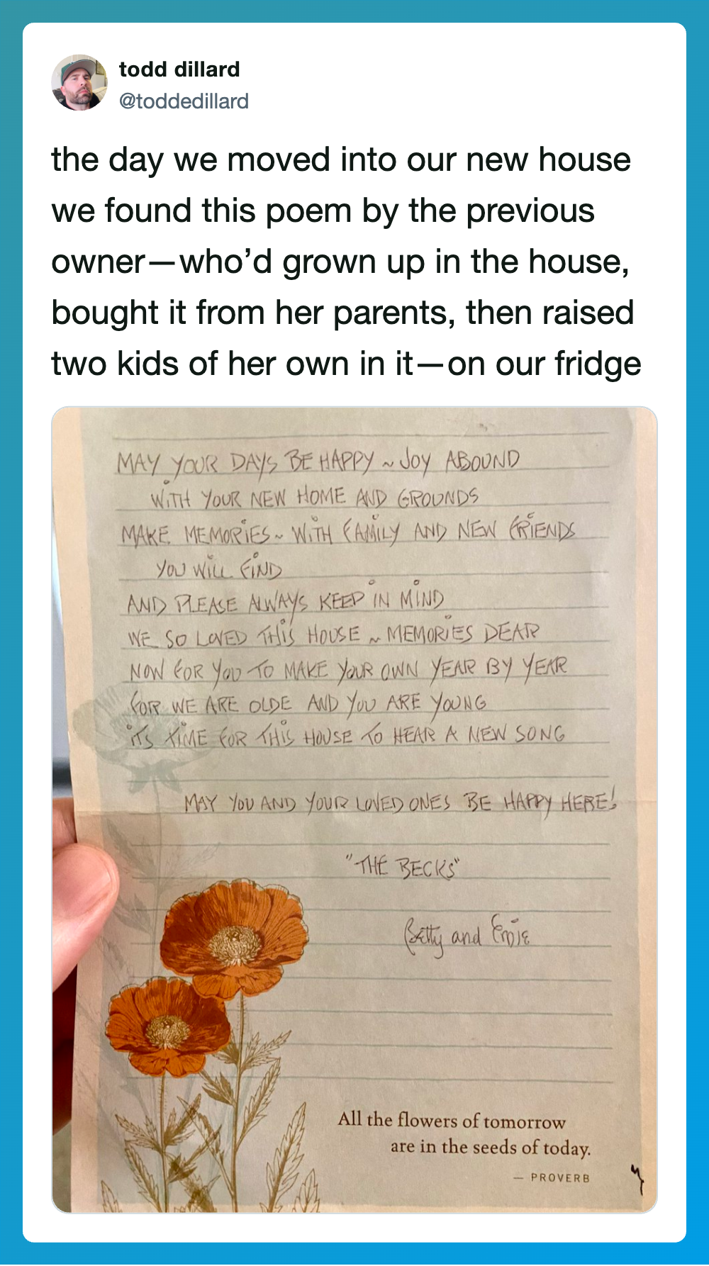 Poem about moving into a new house and memories with children, with flowers at the bottom.