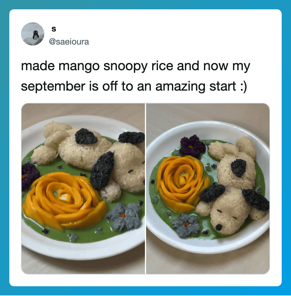 Photo of mango snoopy rice with bear-shaped rice and black sesame eyes.
