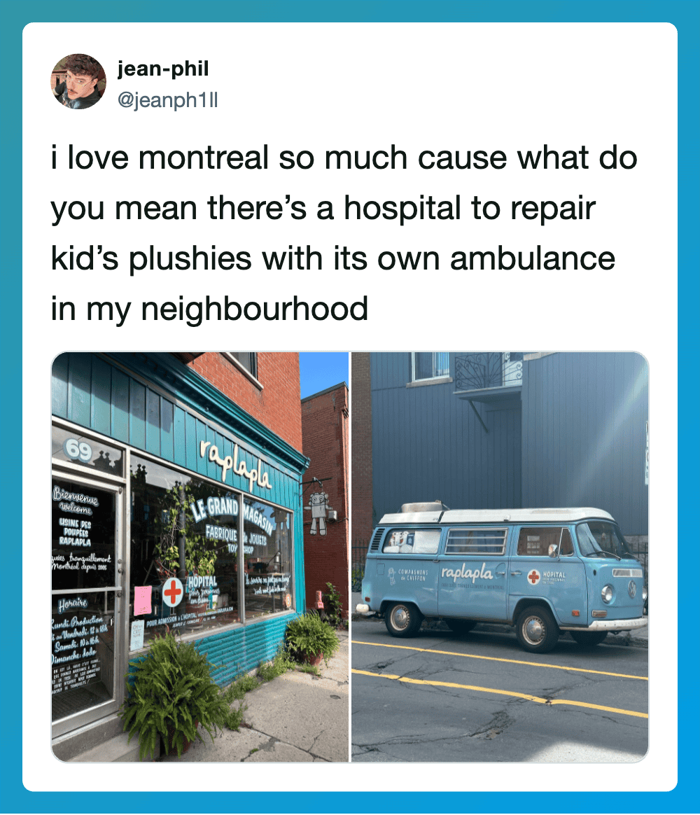 A tweet about loving Montreal and a photo of a shop and a vintage ambulance.