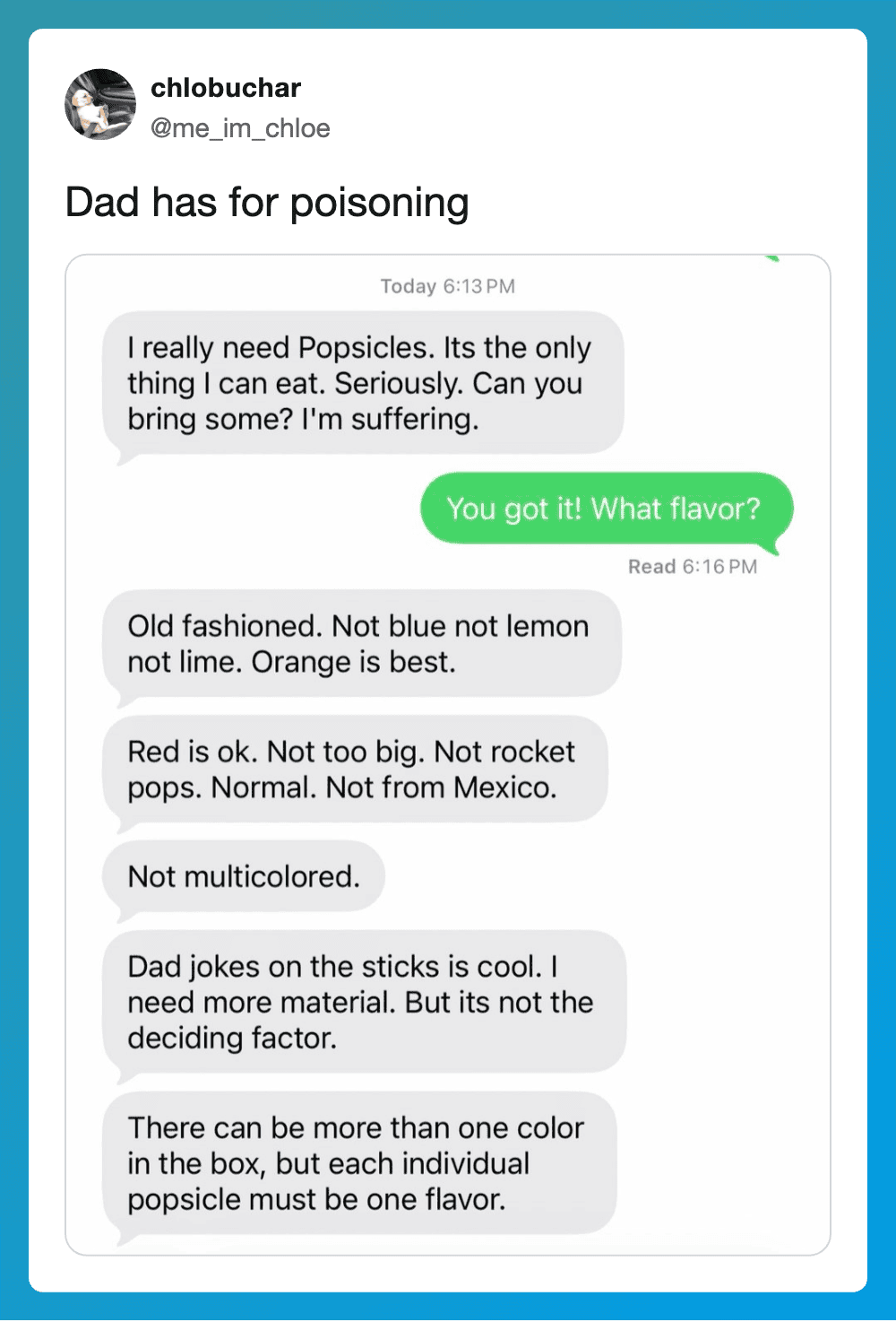 Text conversation about Popsicles with dad's poisonings and flavor preferences.