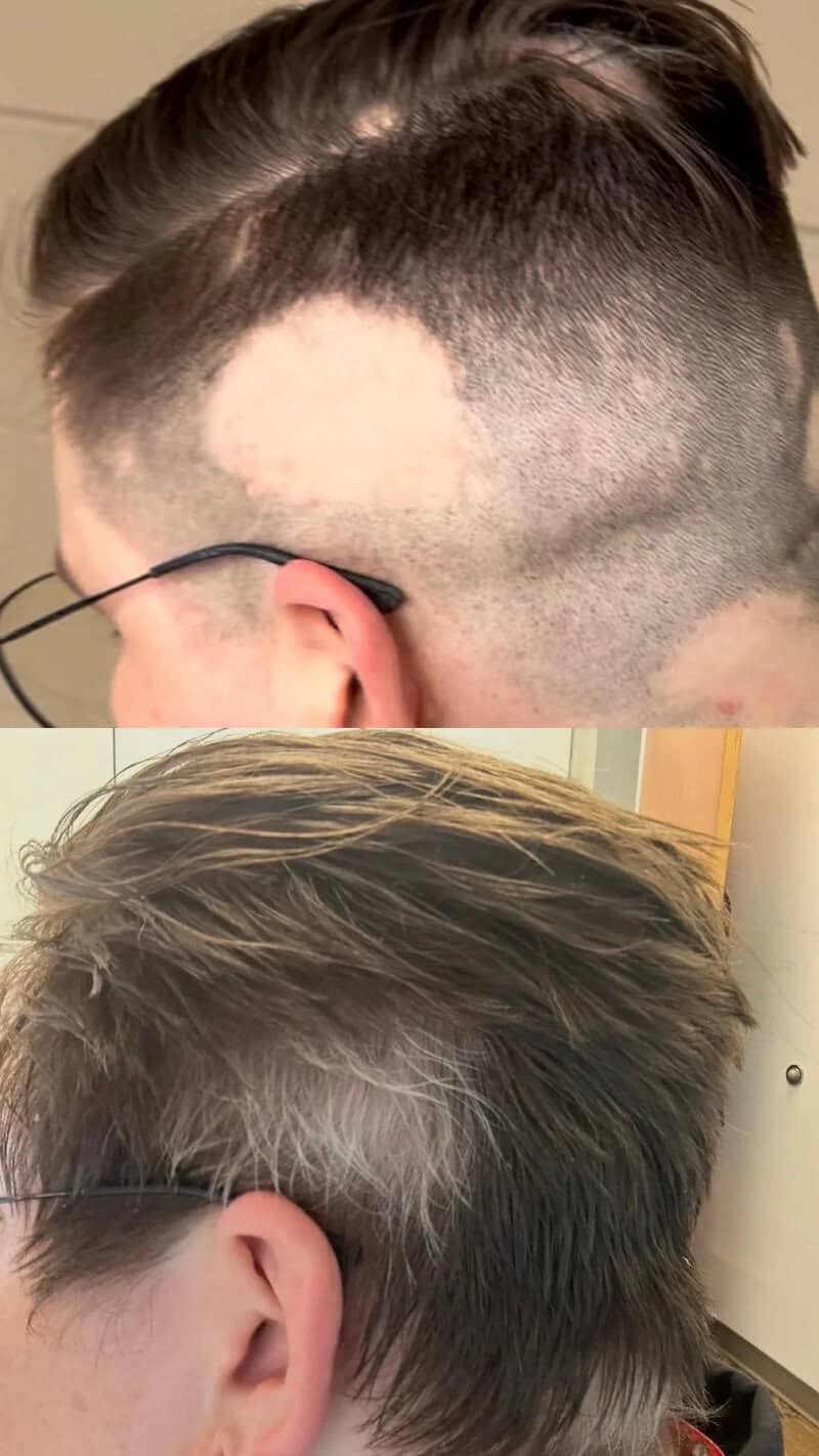 Two men's hairstyles with different haircuts and colors.