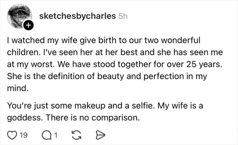 A man praises his wife for giving birth and their 25-year relationship.