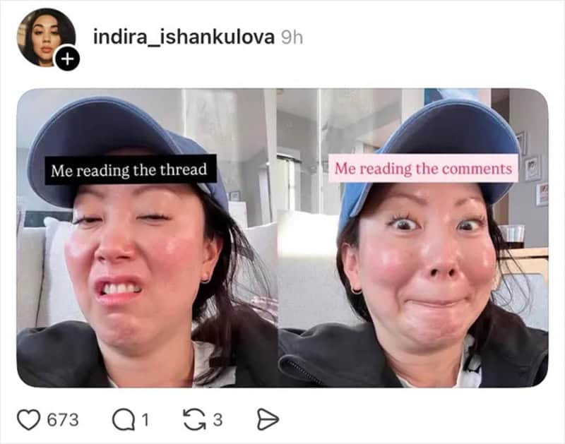 Indira Ishankulova's selfie showing two expressions, reading the thread and comments.