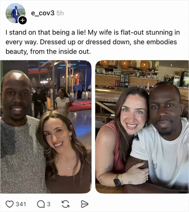 Two photos of a woman with a man, smiling and looking happy.