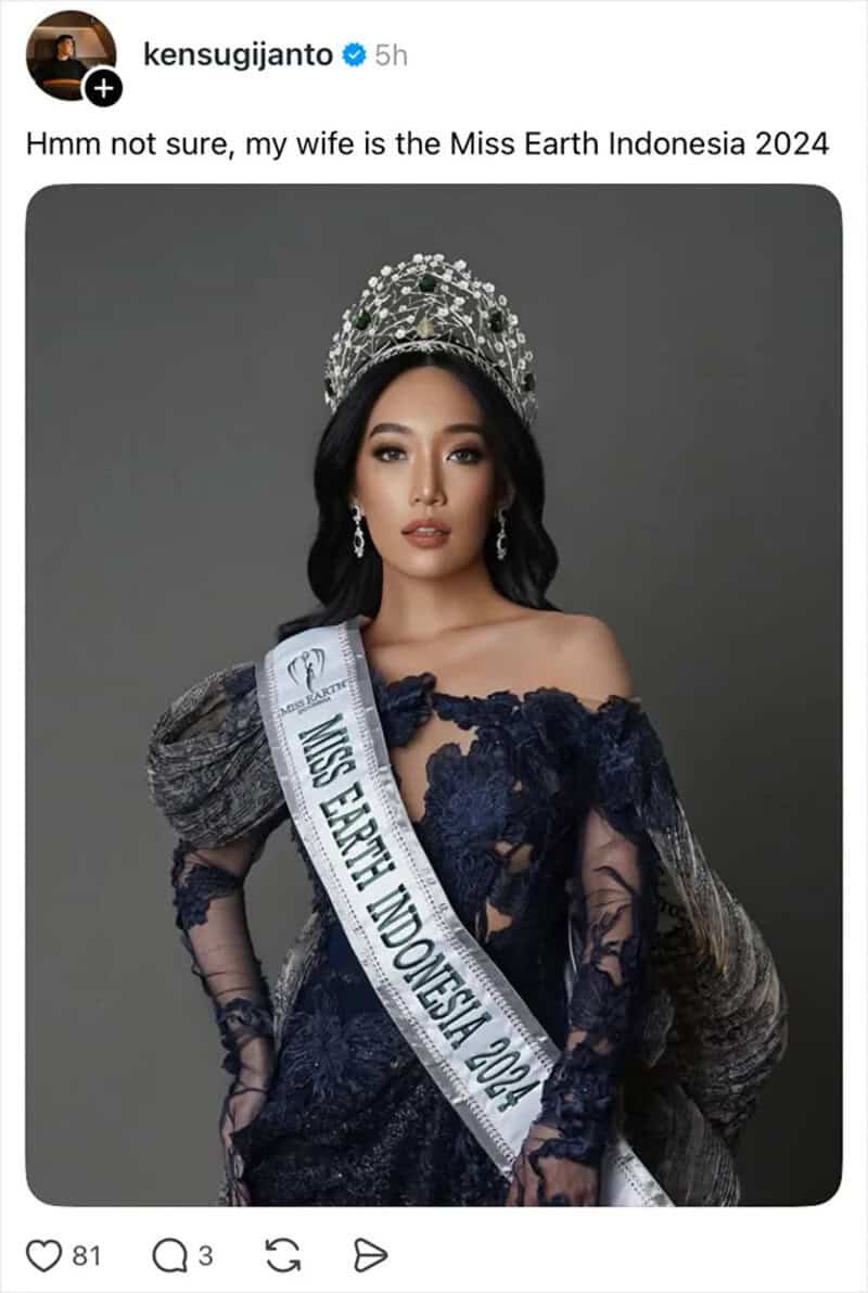 Woman wearing a Miss Earth Indonesia 2024 sash and crown, in a dark blue gown.