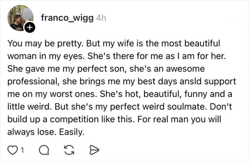 Instagram post by franco_wigg praising his wife and her qualities.