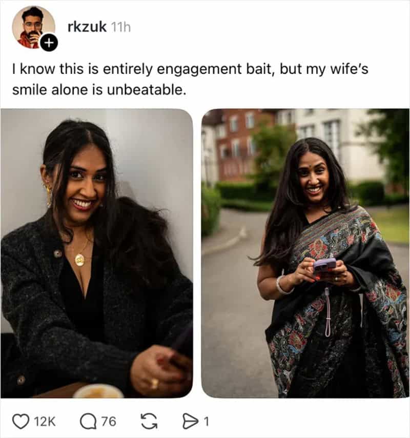 Two photos of a smiling woman, one indoors and one outdoors, holding a phone.