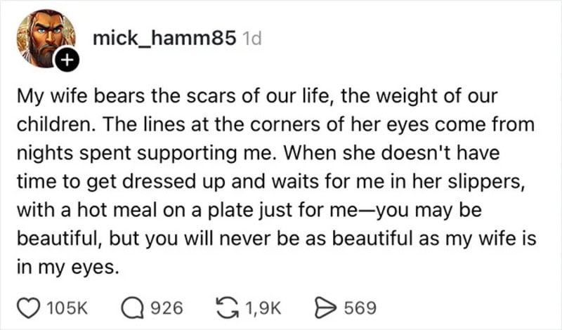 A heartfelt message about a wife's sacrifices and love for her family.
