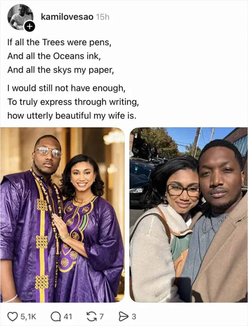 Poem about wife and love with two photos of a couple in different settings.