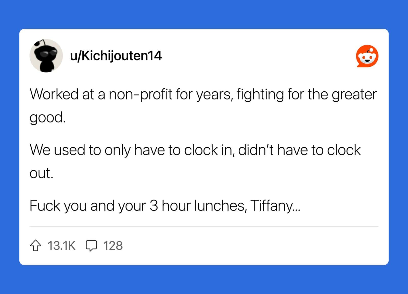 Reddit post about working at a non-profit and frustrations with coworkers.
