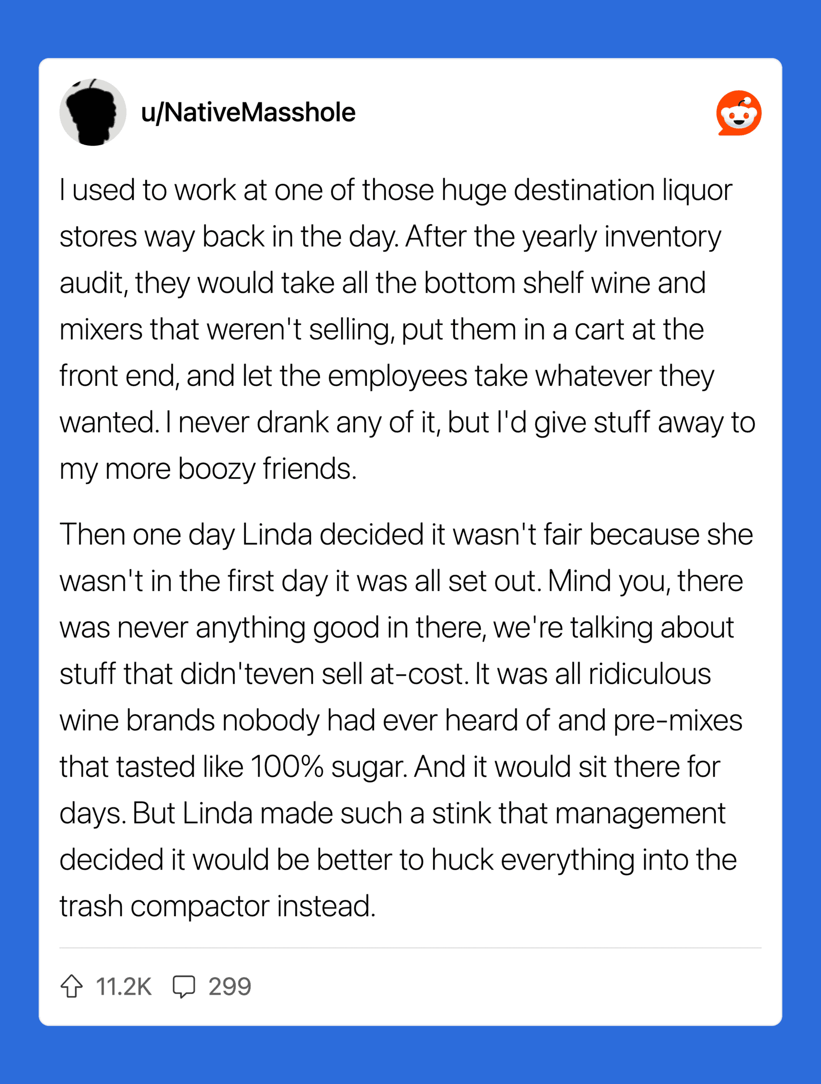 A Reddit post about a liquor store inventory and a management decision to discard expensive wine.