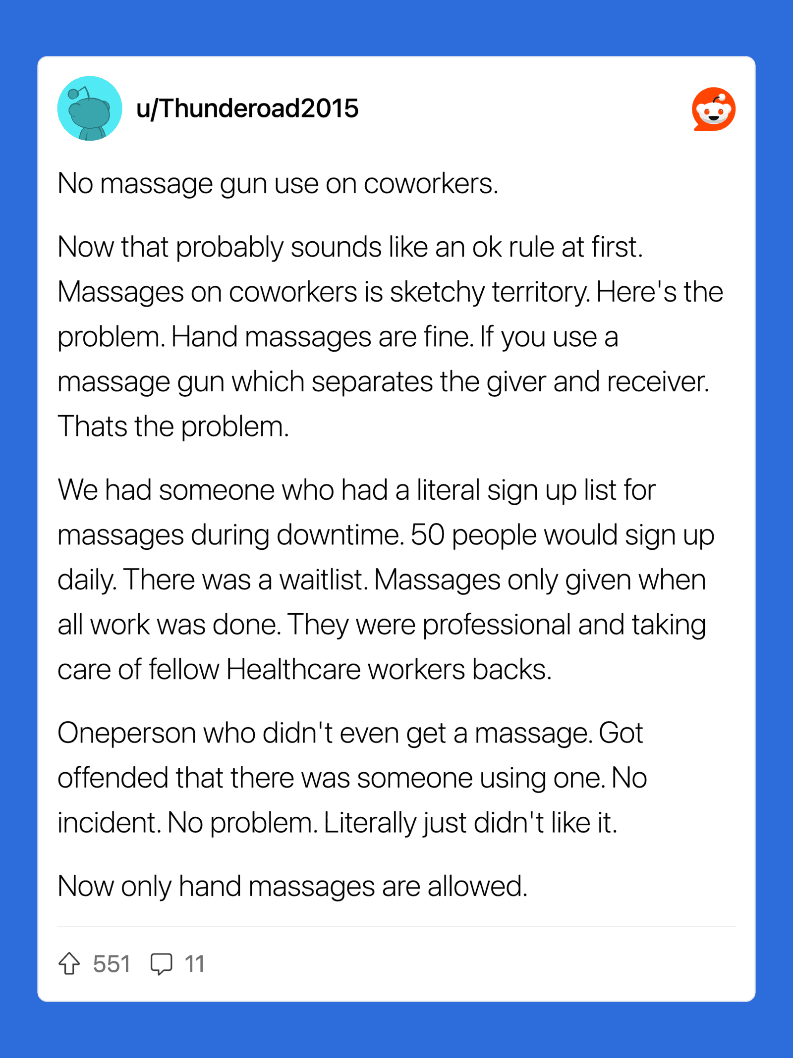 Post about workplace rules on massage gun use and hand massages.