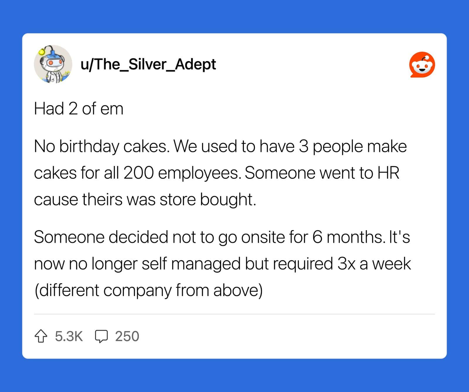 Reddit post about workplace rules and cake-making at work.