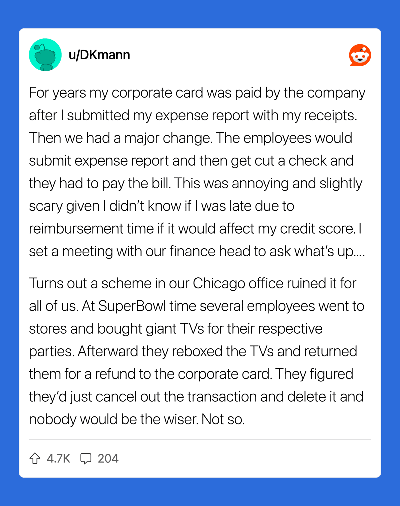 Story about corporate card misuse and expense fraud at SuperBowl event.
