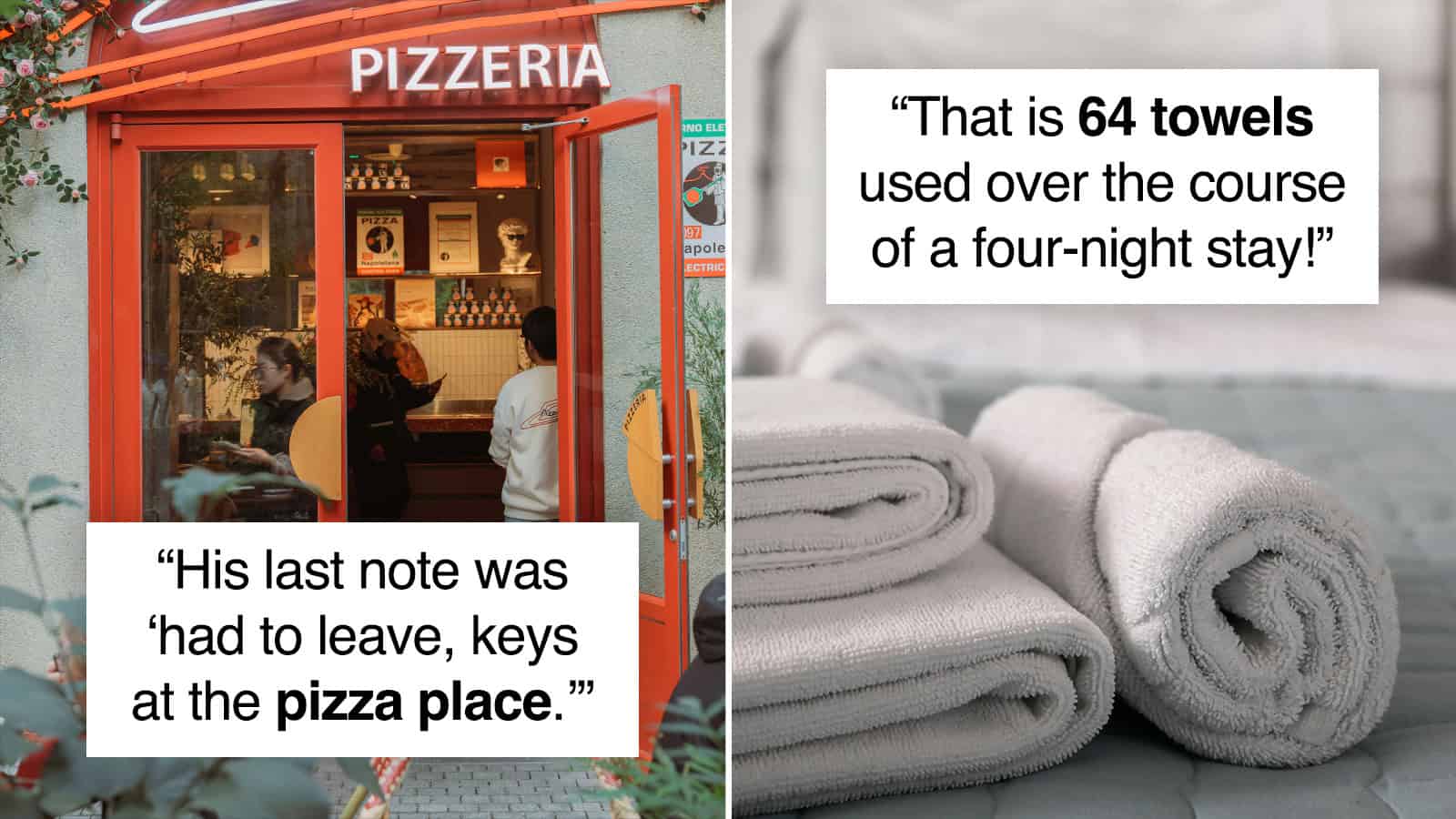Pizzeria with customers inside and towels used over four nights.