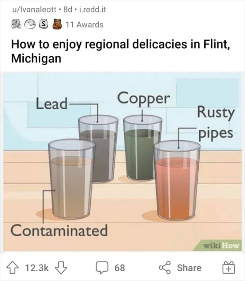 Three glasses with regional delicacies from Flint, Michigan, labeled Lead, Copper, and Rusty pipes.