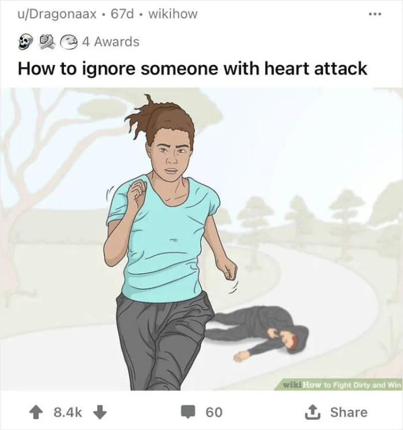 Illustration of a woman running away from a person lying on the ground with heart attack symptoms.