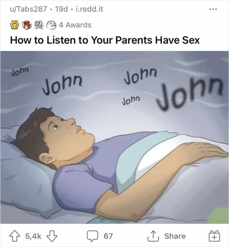 Illustration of a boy in bed with 'John' repeated in the background.