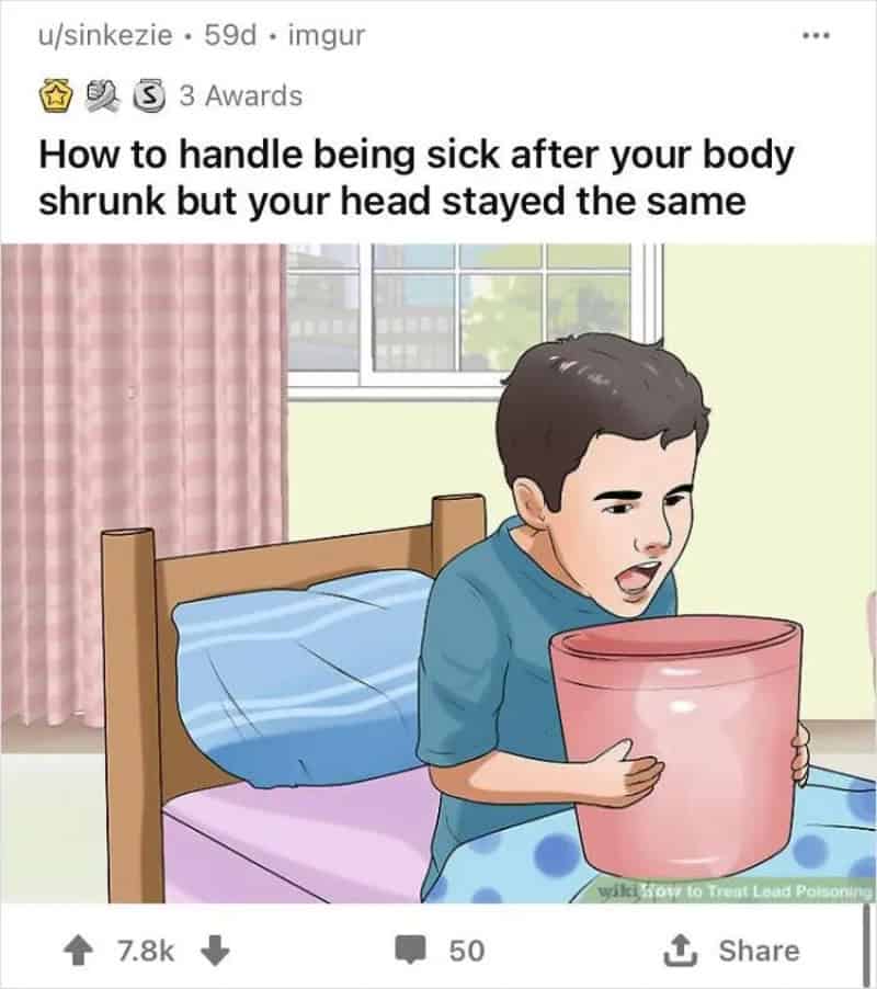 Child holding a pink bucket, looking unwell, in a bedroom with pink curtains.