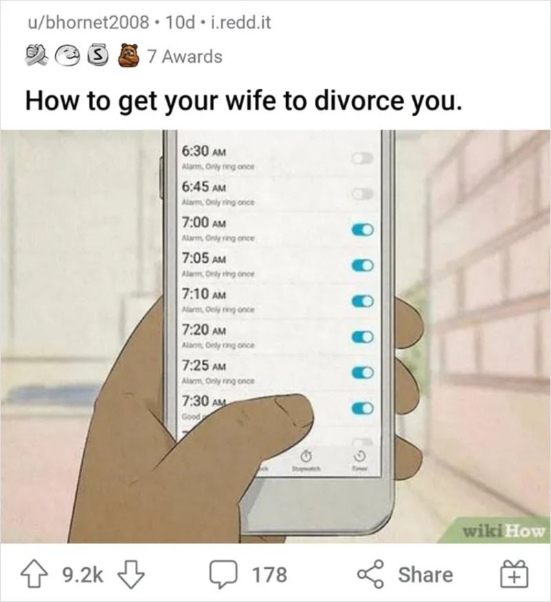 A phone with multiple alarms set early in the morning, humorously suggesting how to get a wife to do.