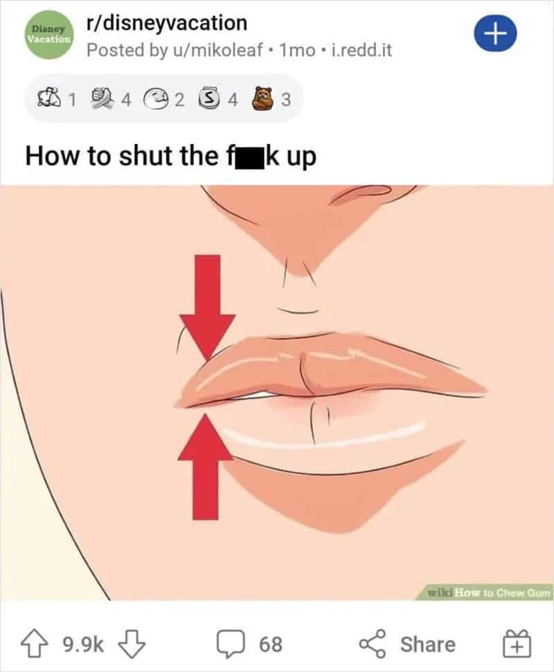 How to shut the f**k up, with arrows pointing to lips.