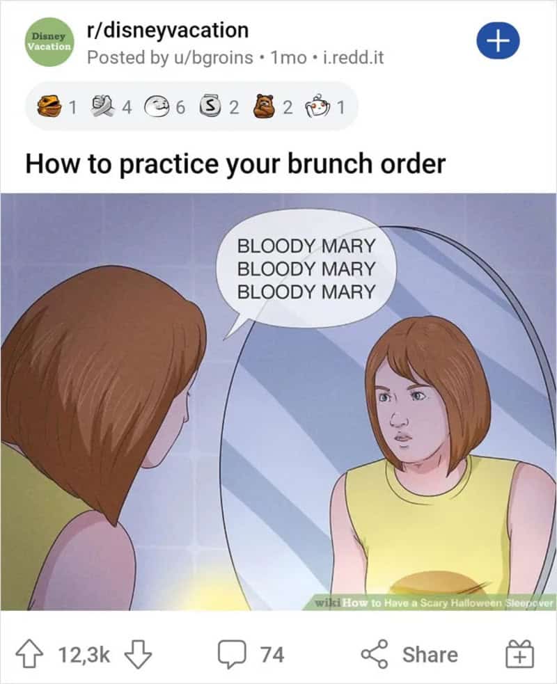 Girl looking in mirror saying 'Bloody Mary' repeatedly for her brunch practice.